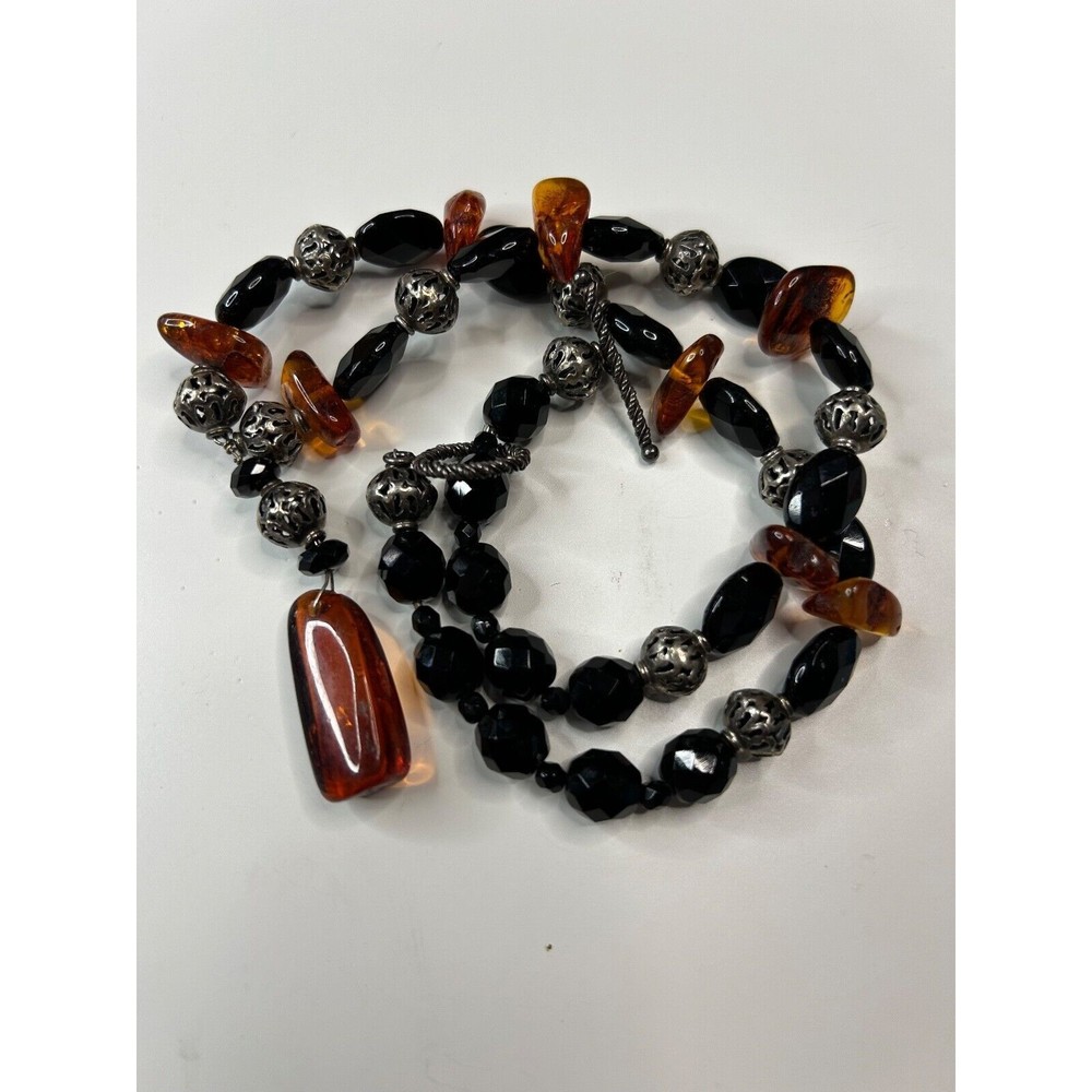 Vintage Amber and Black Glass Silver Tone Necklace With Amber Pendant